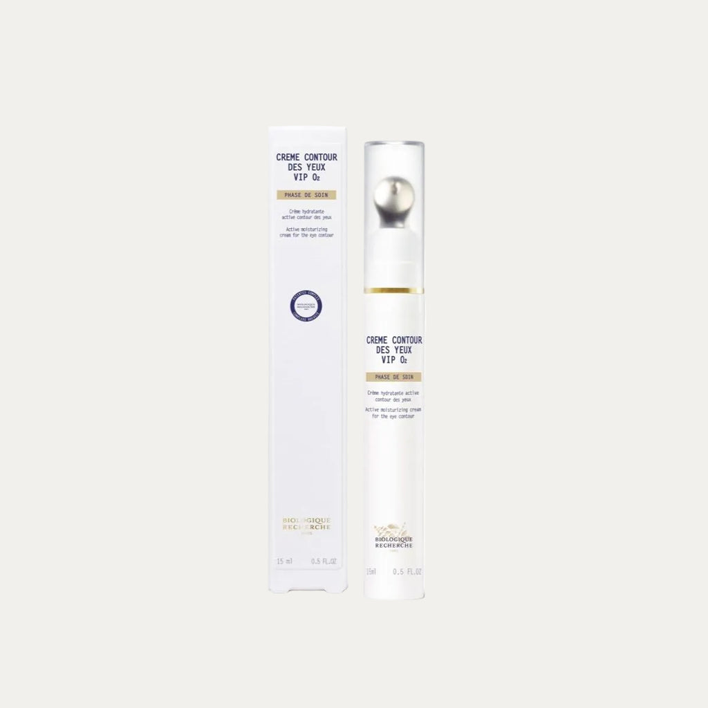 Crème Contour des Yeux VIP O2 by Biologique Recherche oxygenating eye cream that helps reduce puffiness, brighten tired-looking eyes, hydrate the skin, and refresh the eye contour
