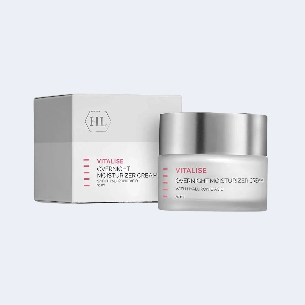 Vitalise Overnight Moisturizing Cream by Holy Land is a nourishing night cream designed to replenish moisture, restore comfort, and support the skin’s natural overnight recovery process. This rich yet comfortable formula helps improve hydration levels, smooth skin texture, and reduce signs of fatigue while you sleep.