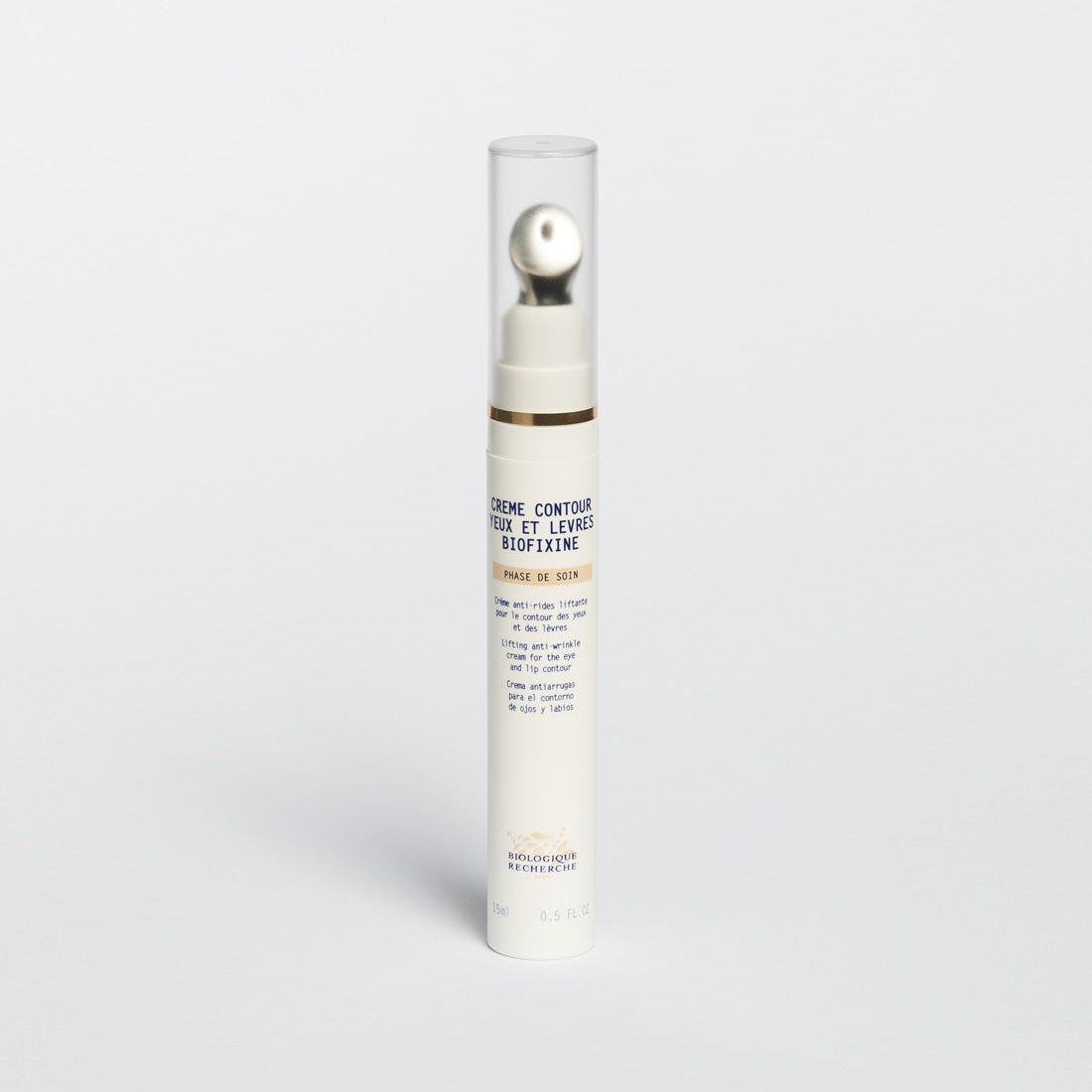 Small white jar 15ml labeled 'Crème Contour des Yeux Biofixine', anti-wrinkle eye cream on a white background, Biologique Recherche Amsterdam