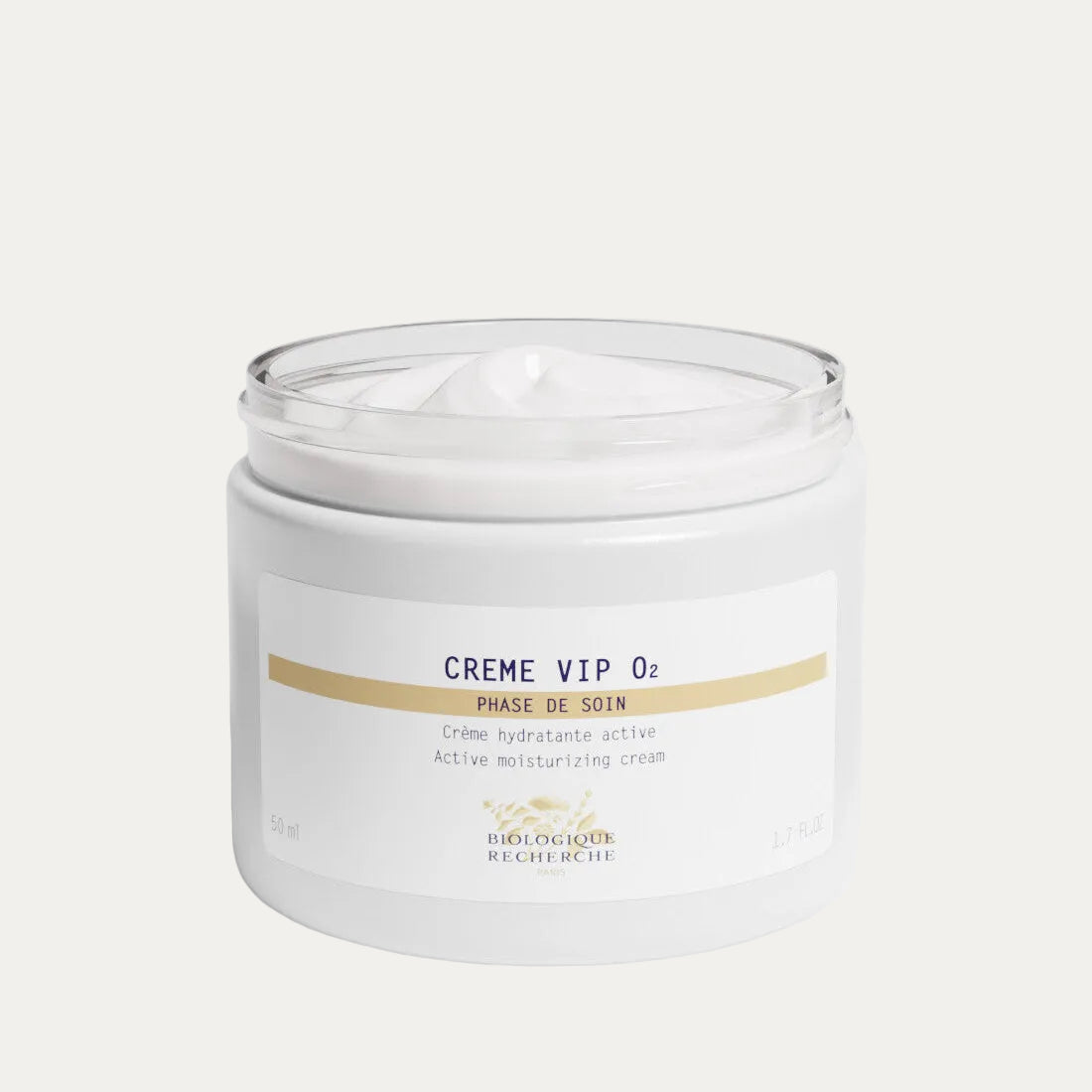 Opened white glass jar 50ml labeled 'Crème VIP O2', oxygenating face cream on a white background, Biologique Recherche at Oasis Amsterdam