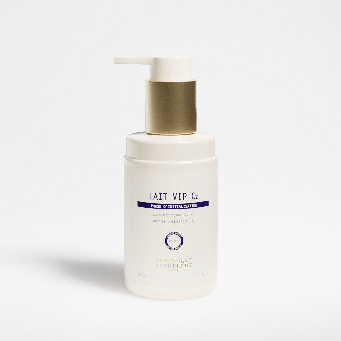 White bottle 150ml labeled 'Lait VIP O2', brightening and oxygenating milk cleanser on a white background, Biologique Recherche Amsterdam