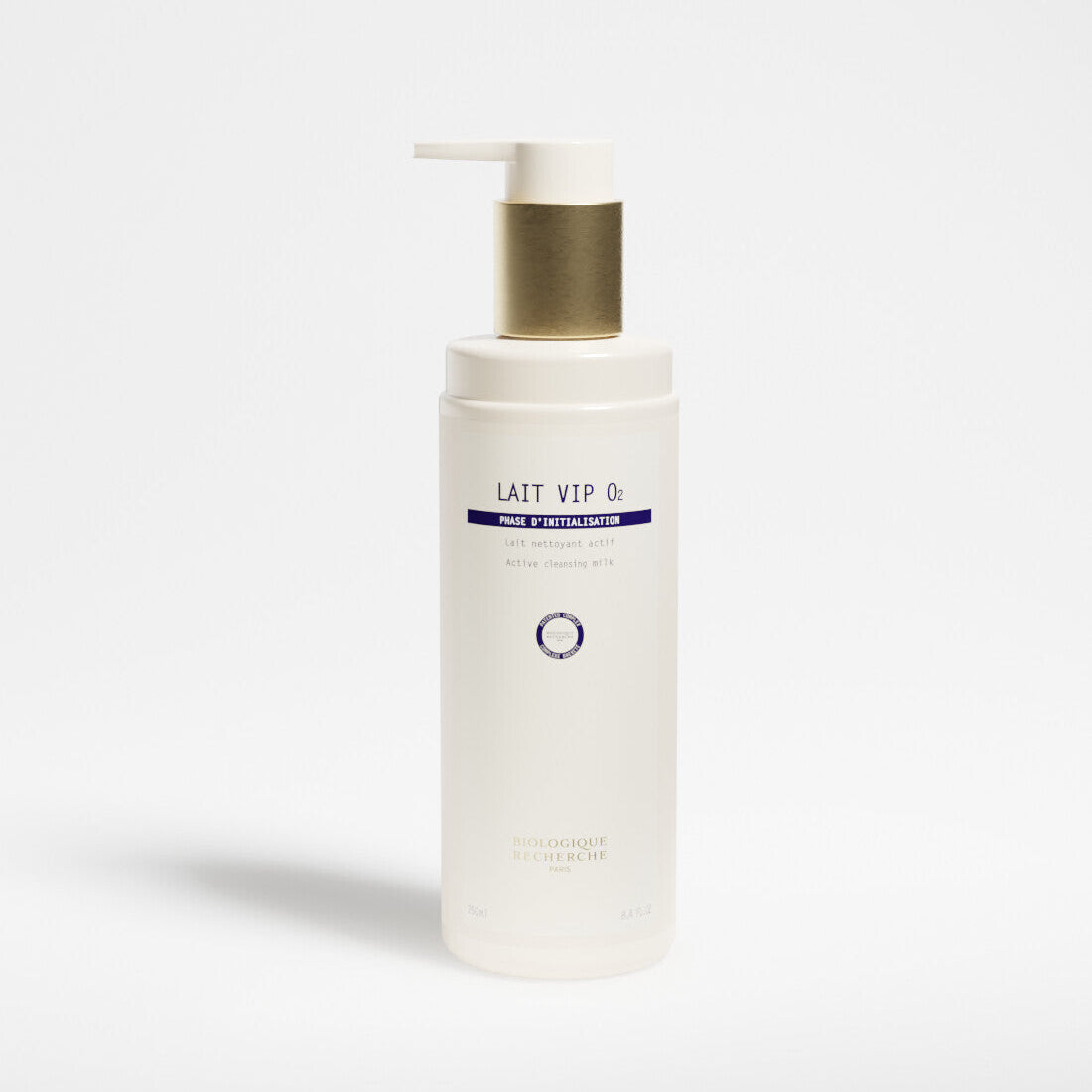 White bottle 250ml labeled 'Lait VIP O2', brightening and oxygenating milk cleanser on a white background, Biologique Recherche Amsterdam