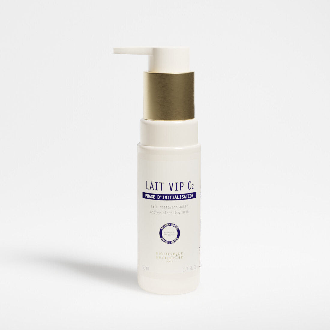 White bottle 50ml labeled 'Lait VIP O2', brightening and oxygenating milk cleanser on a white background, Biologique Recherche Amsterdam