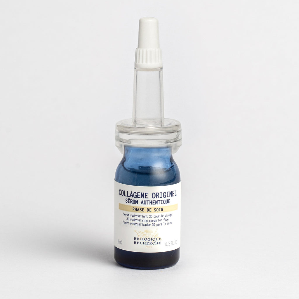 Bottle of 'Collagène Originel' serum with a pipette on a light gray background 30ml