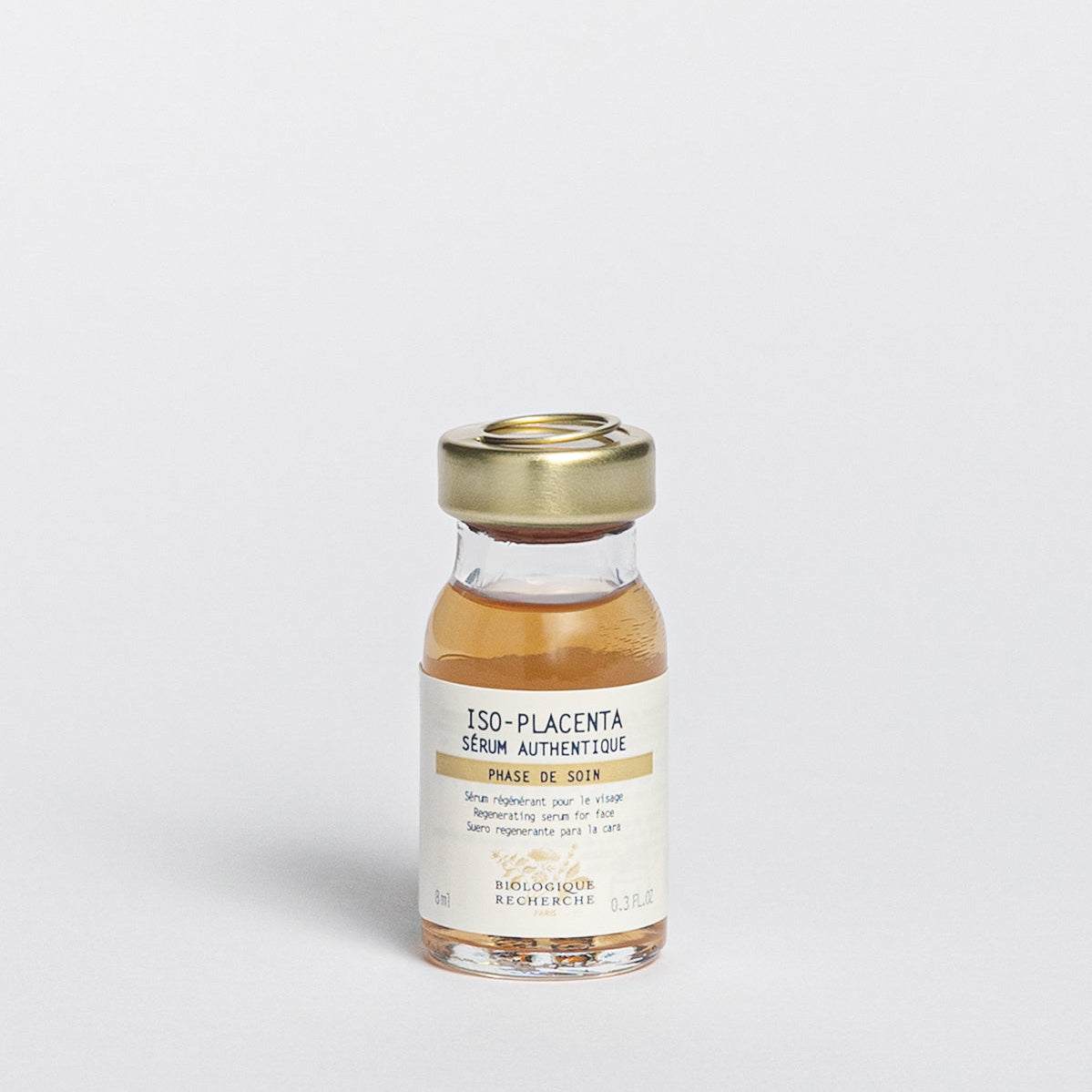 Glass serum bottle 8ml labeled 'Iso-Placenta', skin healing and regenerative serum on a white background, BR at Oasis Amsterdam