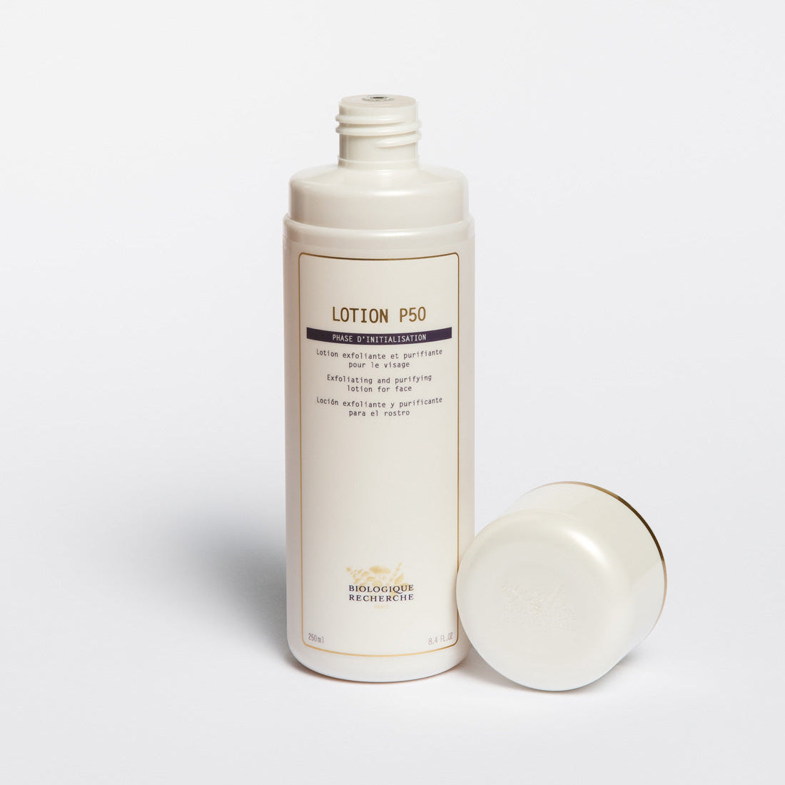 Biologique Recherche Lotion P50 opened bottle on a white background, BR in Amsterdam, 250ml