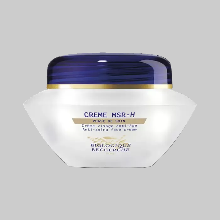 White jar of Biologique Recherche Crème MSR-H with blue lid on a white background