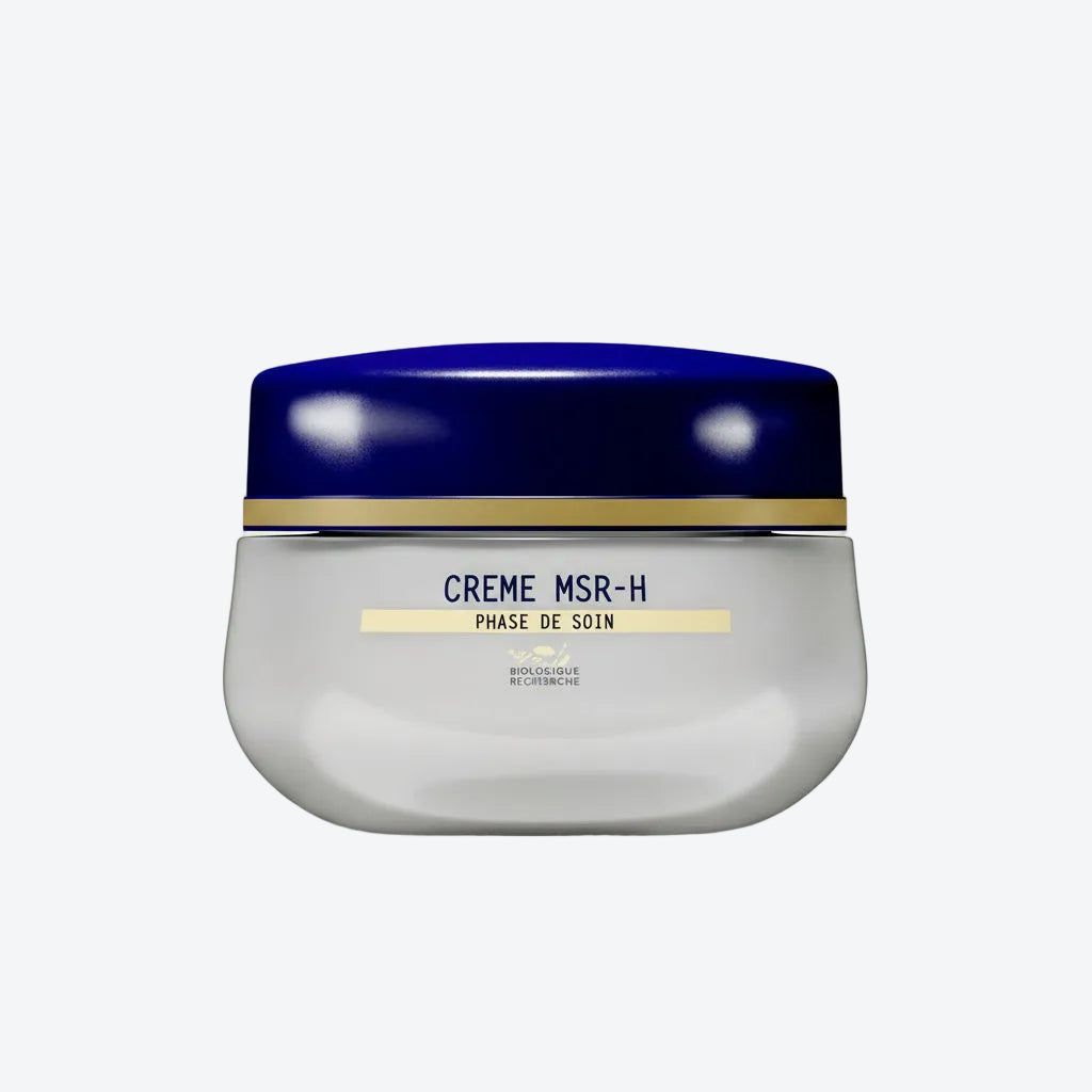 Jar of Crème MSR-H with blue lid and white body on a light gray background, buy at Oasis Amsterdam