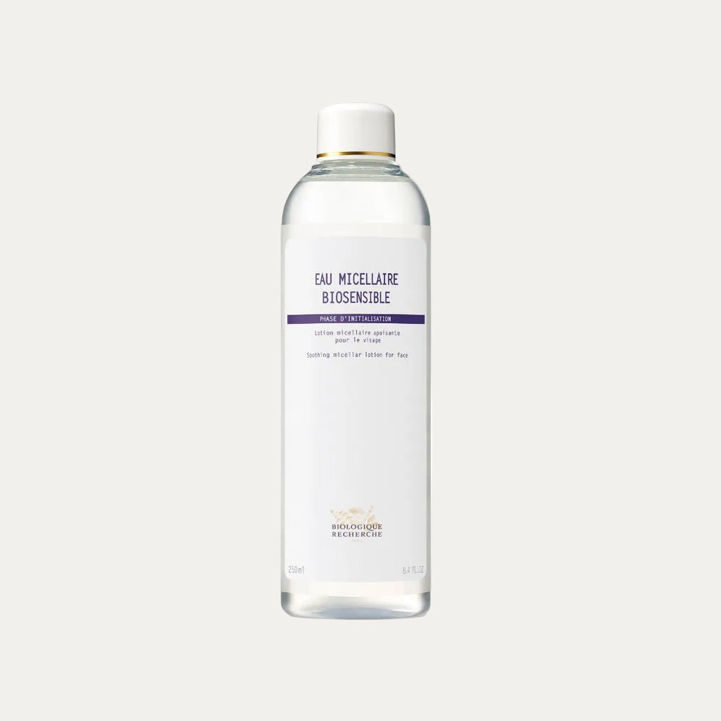 EAU Micellaire Biosensible Cleansing Water by Biologique Recherche gentle micellar water that removes makeup, soothes sensitive skin, and refreshes the complexion