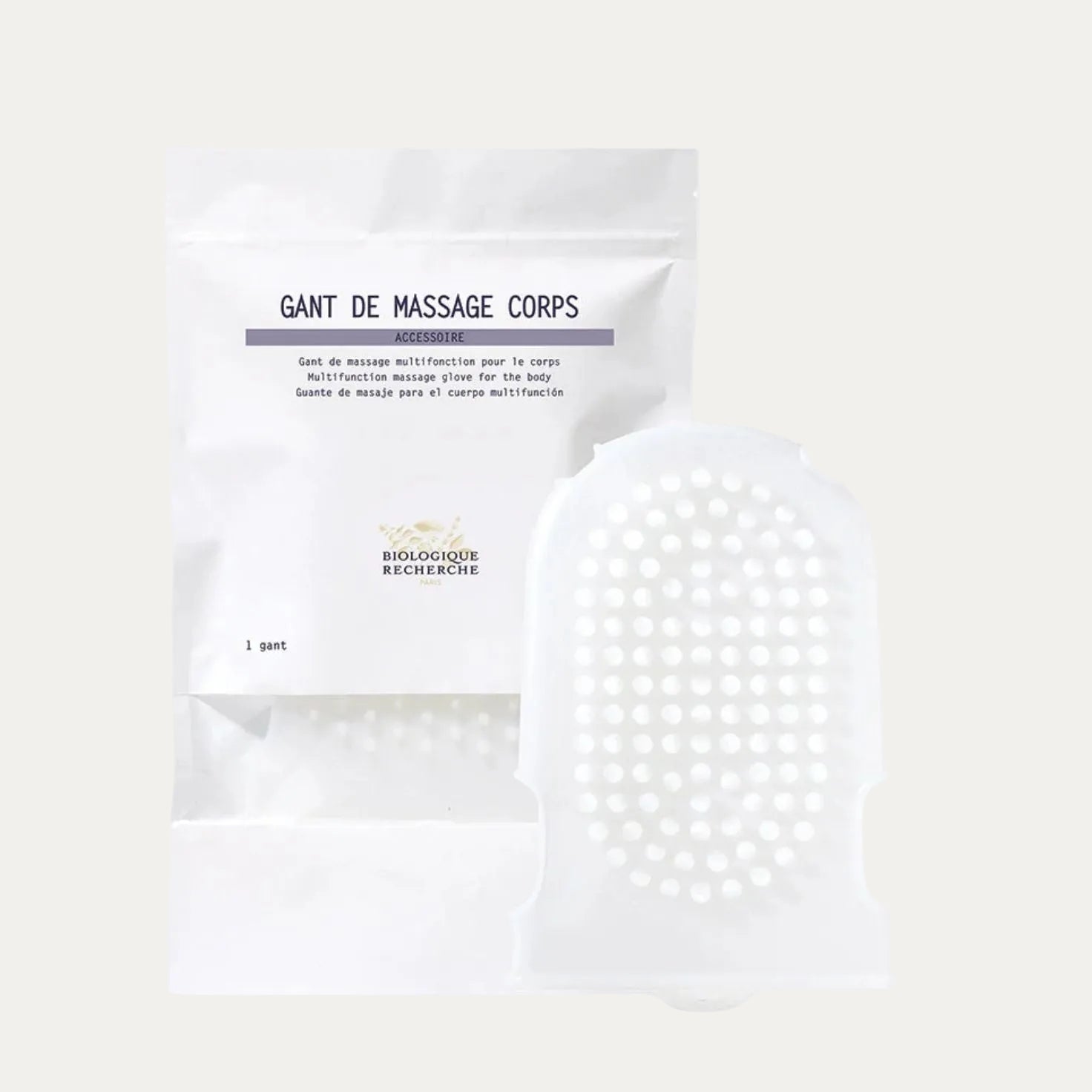 Gant de Massage Corps (Body Massage Glove) by Biologique Recherche is designed to exfoliate the skin and stimulate circulation. It helps remove dead skin cells and improve overall skin texture.