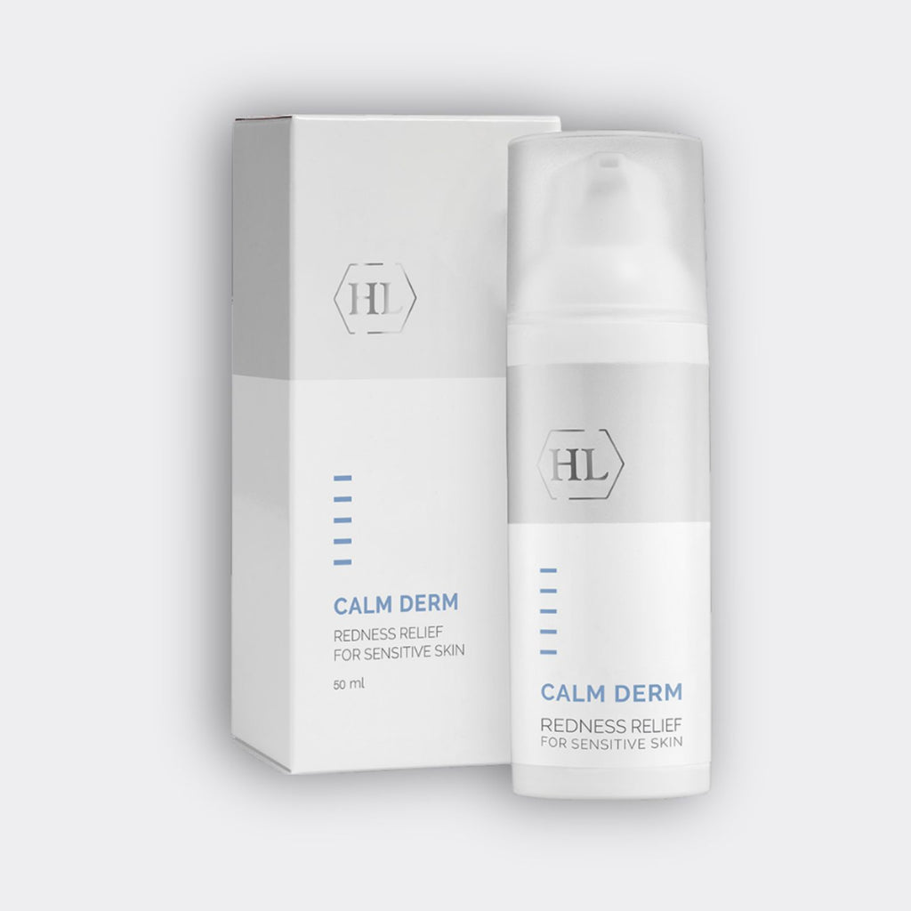 Calm Derm skincare product and packaging on a light gray background