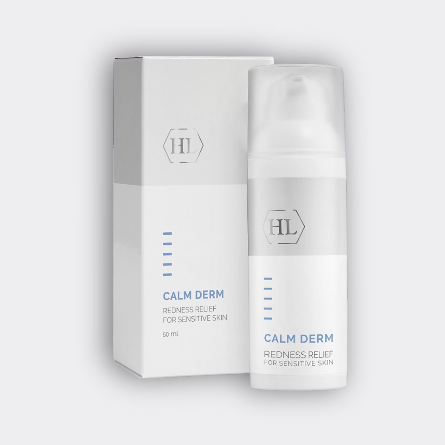 Calm Derm skincare product and packaging on a light gray background