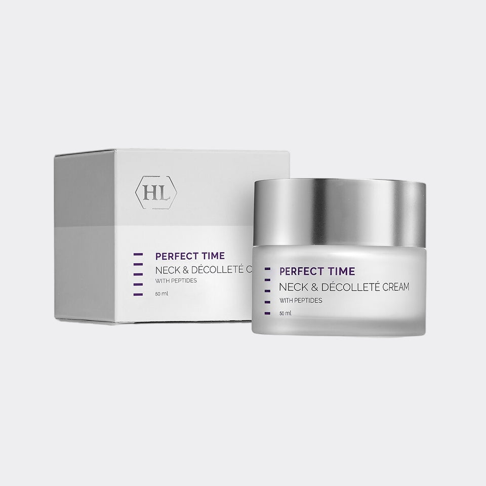 HL Silver jar of 'Perfect Time Neck & Decolletè Cream' with packaging on a white background