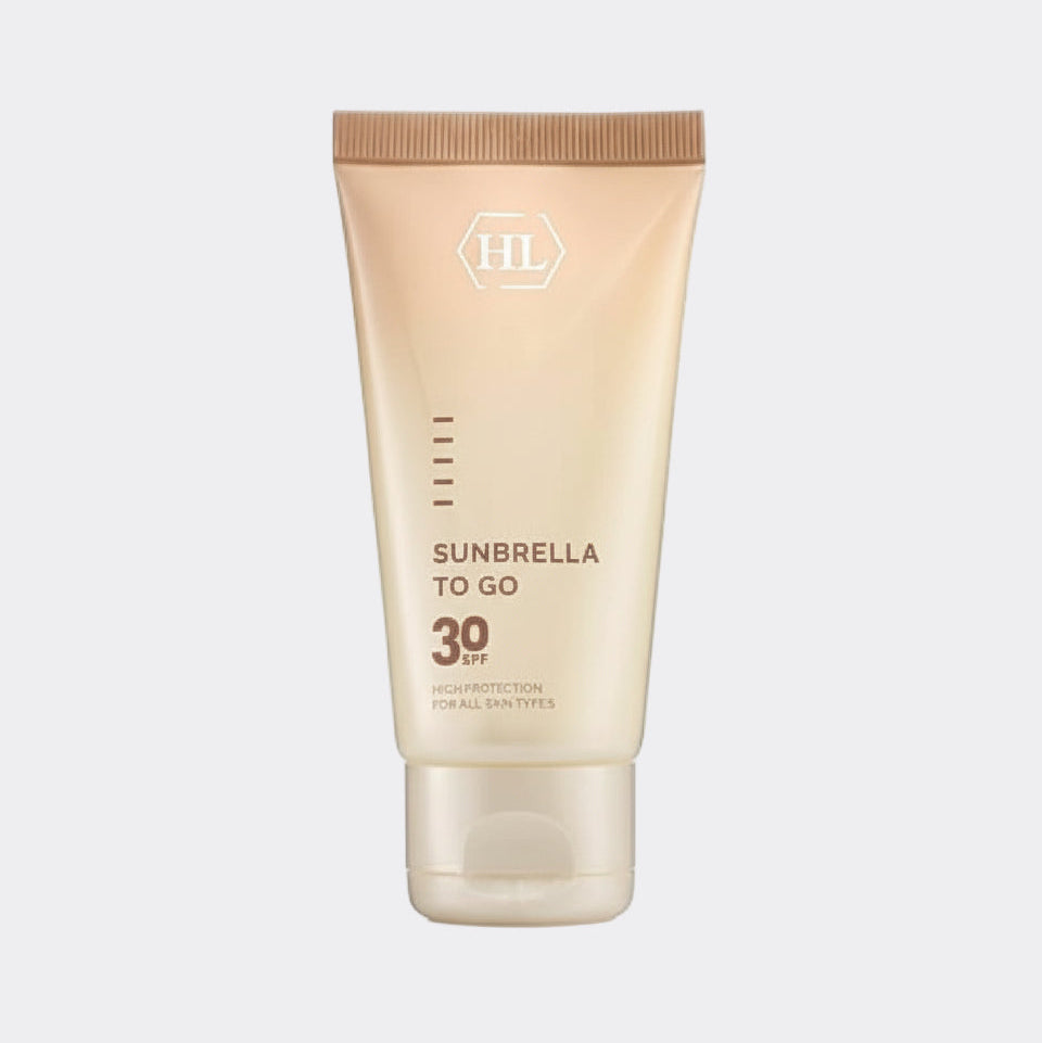 Sunscreen tube labeled 'Sunbrella to Go' with SPF 30 on a white background