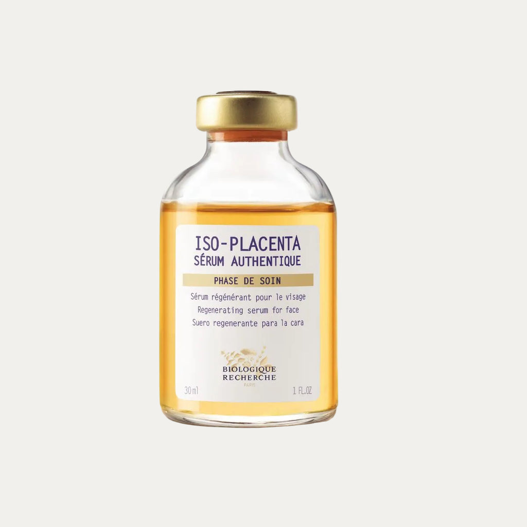 Biologique Recherche ISO-Placenta Serum 30ml restorative facial serum designed to reduce the appearance of post-acne marks, support skin regeneration, and promote a smoother, more even-looking complexion.