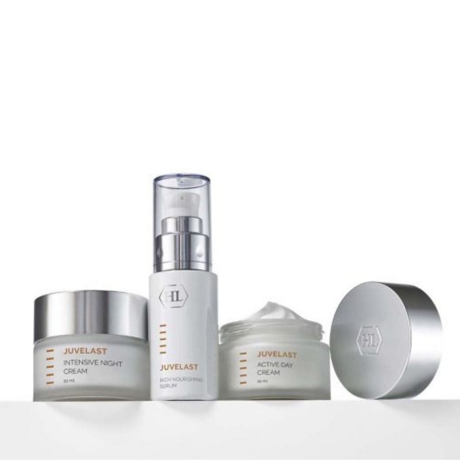 Set of Juvelast skincare products on a white background