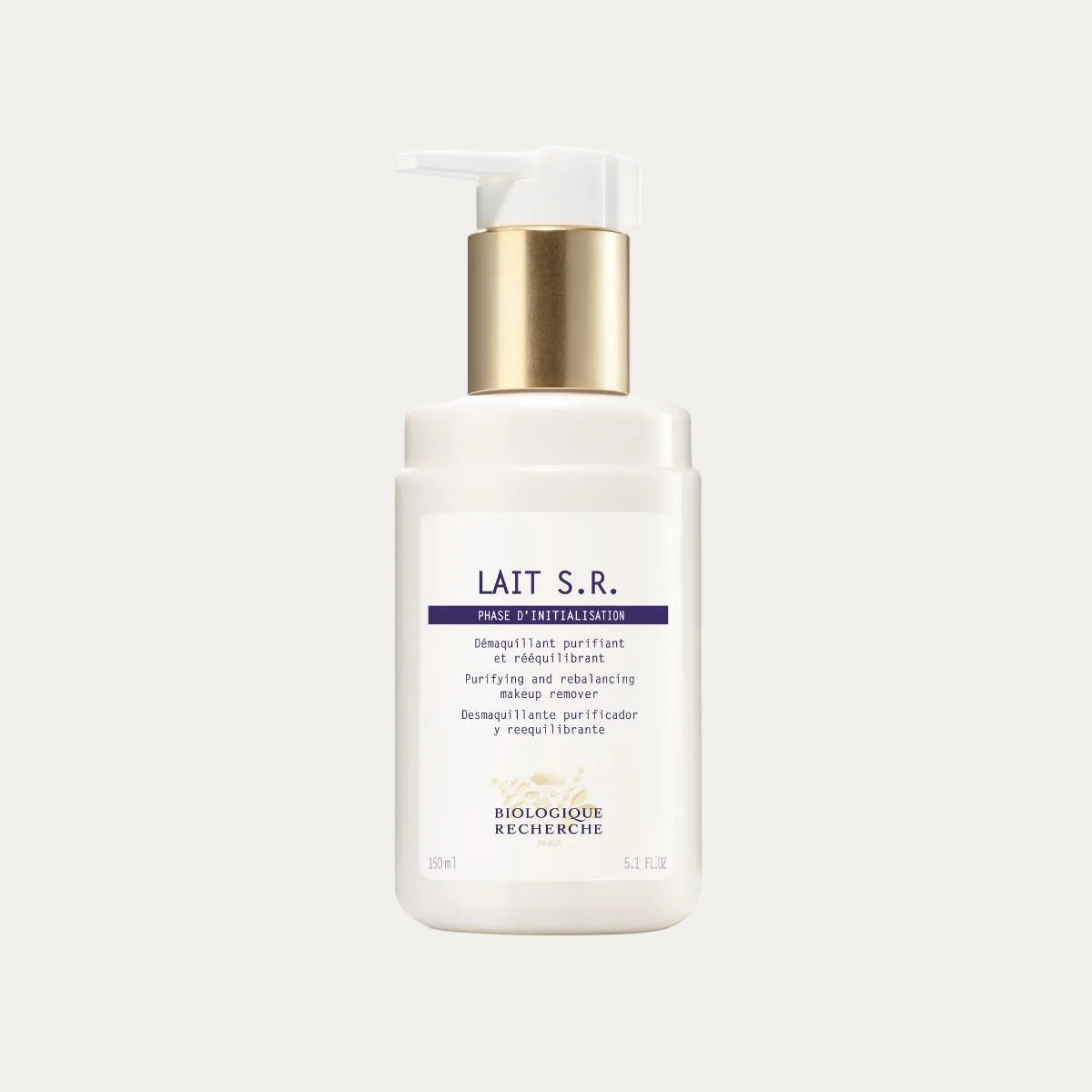 Biologique Recherche Lait S.R. 150ml cleansing milk designed for oily and seborrheic-prone skin to remove makeup, impurities, and excess sebum while leaving skin fresh and balanced.