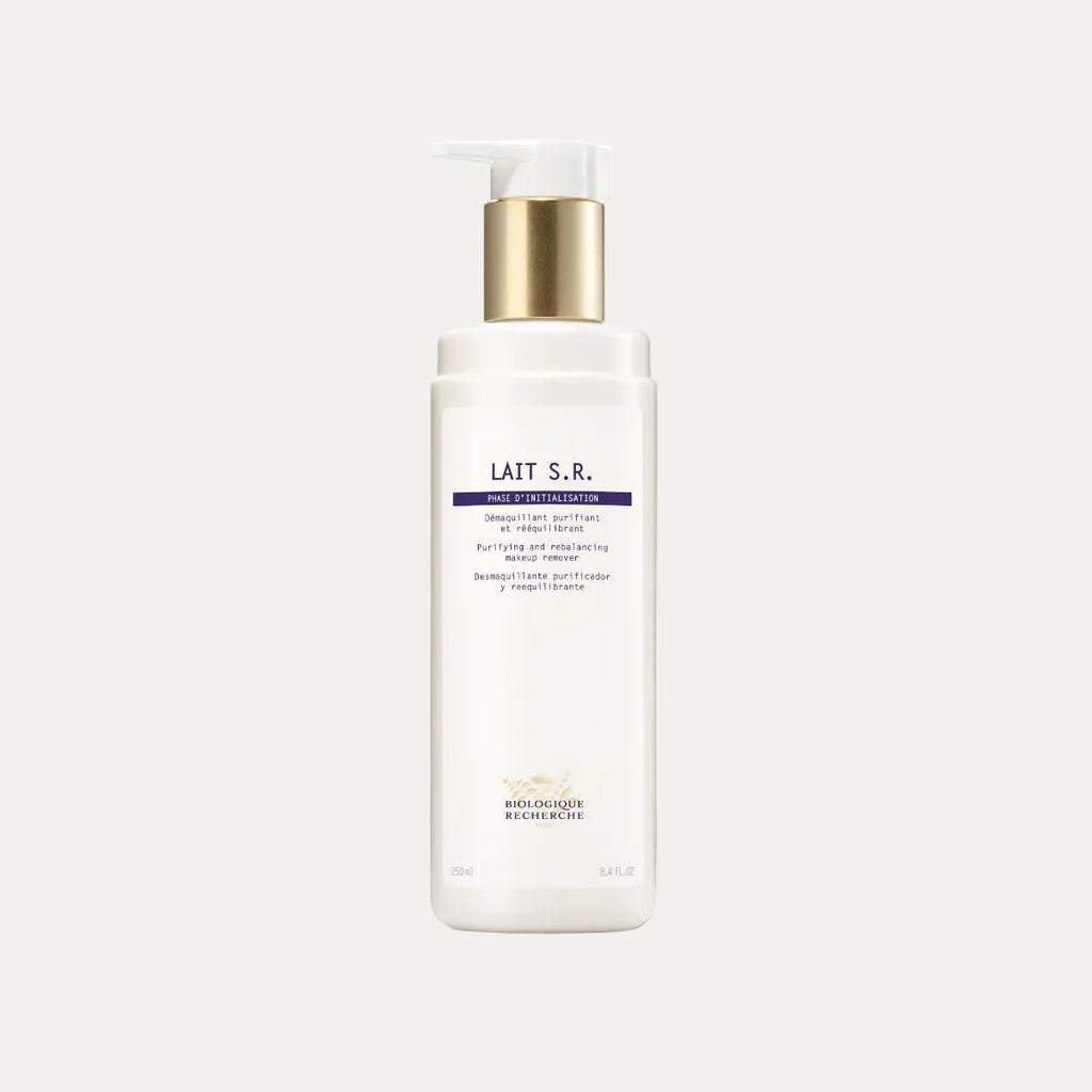 Biologique Recherche Lait S.R. 250ml cleansing milk designed for oily and seborrheic-prone skin to remove makeup, impurities, and excess sebum while leaving skin fresh and balanced.