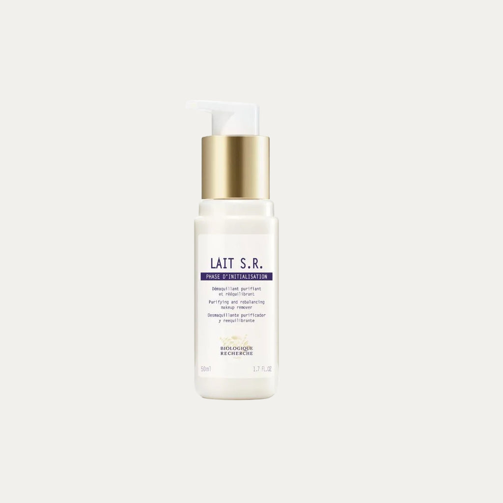 Biologique Recherche Lait S.R. 50ml cleansing milk designed for oily and seborrheic-prone skin to remove makeup, impurities, and excess sebum while leaving skin fresh and balanced.