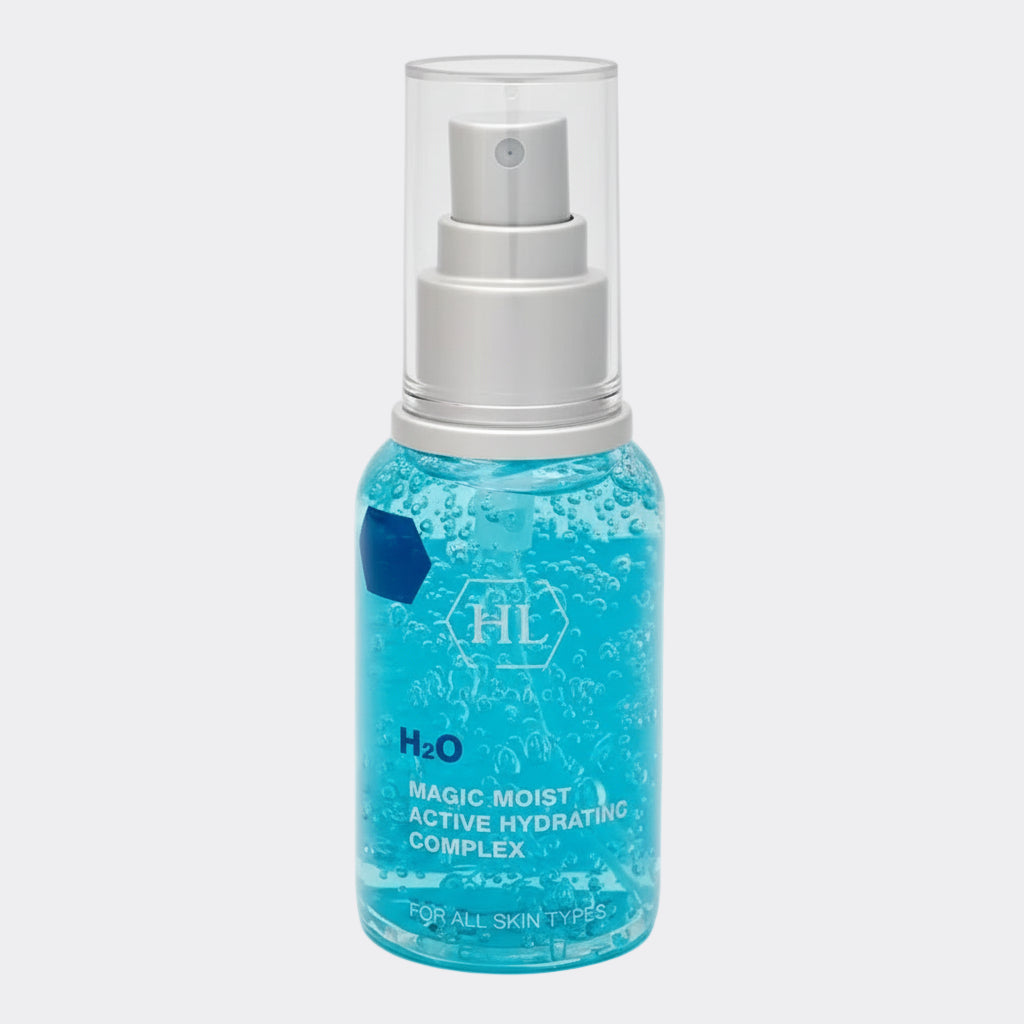 Blue bottle of H2O Magic Moist Active Hydrating Complex with silver cap on a white background